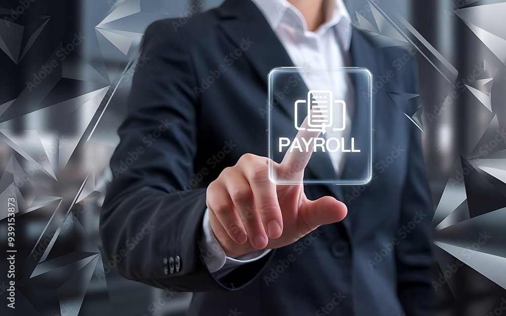 Poster payroll management system: businessperson interacts with a digital payroll interface, signifying eff