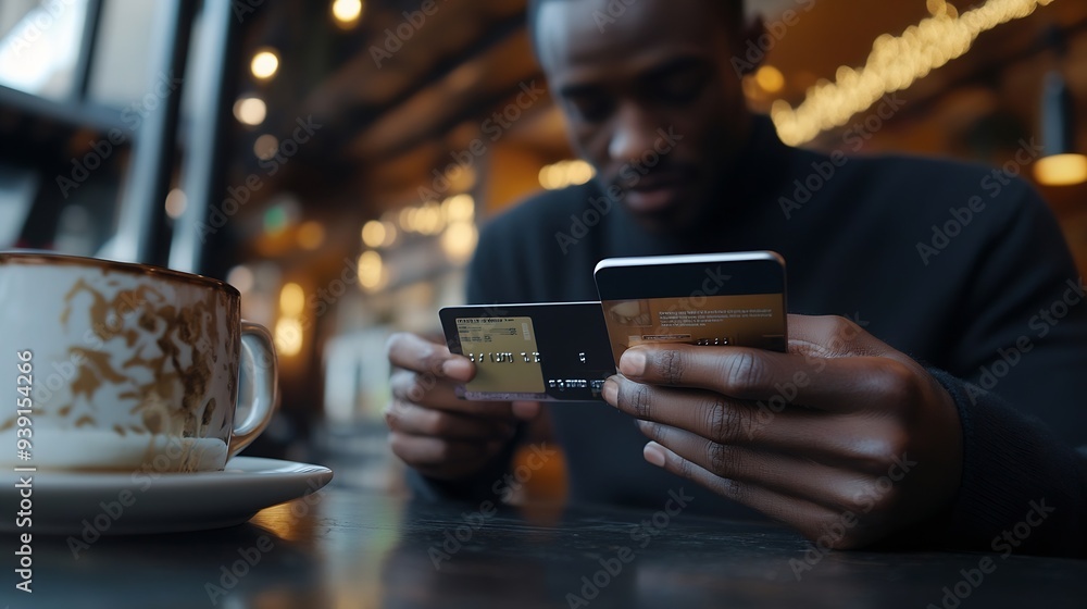Poster close up shot of african mans hands holding mobile and credit card darkskinned businessman checking 