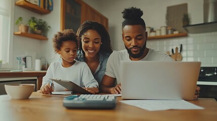 Young family managing budget reviewing their bank accounts using generic laptop pc and calculator in kitchen Husband and wife doing paperwork together paying taxes online on notebook c : Generative AI