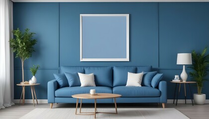 Interior mockup In a white room a blue sofa is placed next to a photo frame on the wall