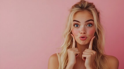 Good looking blonde female with pure healthy skin looks in amazement as indicates at something upwards isolated over pink background Pretty young woman sees amazing thing up gestures i : Generative AI