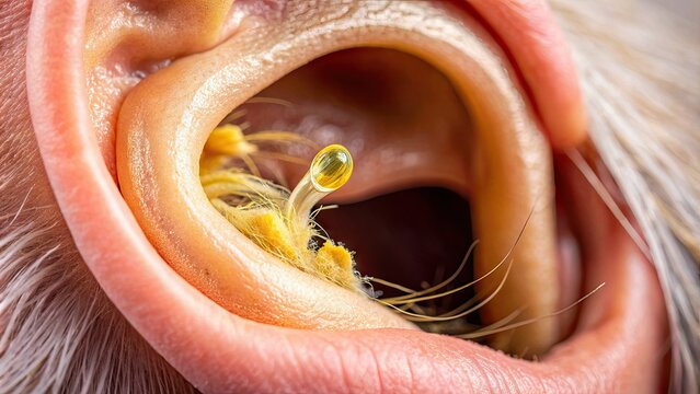Macro shot of a human ear's inner canal, showcasing the intricate details of the earwax and tiny hairs, with a shallow depth of field.