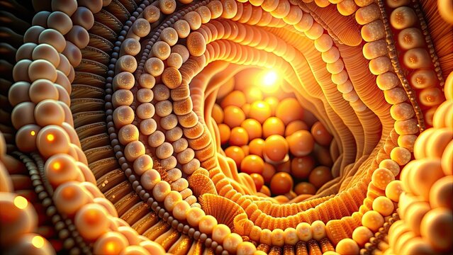 Macro shot of the inner lining of the small intestine, showcasing villi and microvilli, with a soft focus and warm, golden lighting effect.