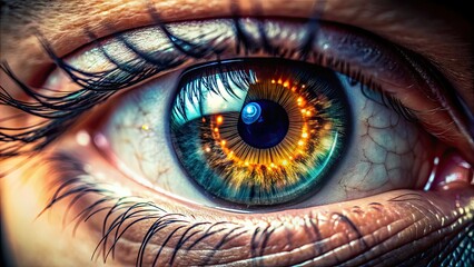 Macro view of a human eye looking through a camera lens, with blurred bokeh background and sharp focus on the eye's iris and pupil.