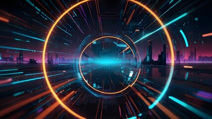 Fototapeta premium Innovation in Global Technology, Surreal Metaverse and Virtual Reality, 3D Neon Circle Concept