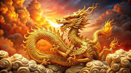 Magnificent golden Chinese dragon figurine with intricate scales and flames, surrounded by traditional ornate patterns and auspicious clouds, symbolizing good fortune and prosperity.