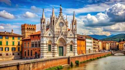 Naklejka premium Magnificent Gothic-style church Santa Maria della Spina stands proudly on the banks of Arno River in Pisa, Italy, showcasing intricate stone carvings and serene ambiance.