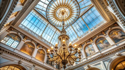 Obraz premium Magnificent high-arched ceiling with intricate ornate details, grand chandelier, and soft natural light filtering through large skylight in a luxurious modern interior setting.