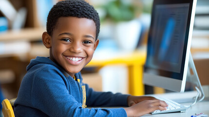 Young African student in a school uniform happily interacting with a computer at his desk, surrounded by a blue and yellow color scheme, shown in natural light with high-definition clarity.