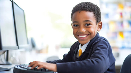 Young African student in a school uniform happily interacting with a computer at his desk, surrounded by a blue and yellow color scheme, shown in natural light with high-definition clarity.