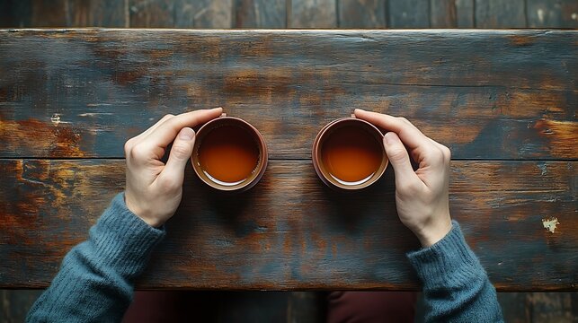 Top view tea set a wooden table for tea ceremony background Woman and man holding a cup of tea : Generative AI