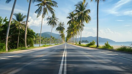 Beautiful beaches road and coconut trees in Thailand : Generative AI
