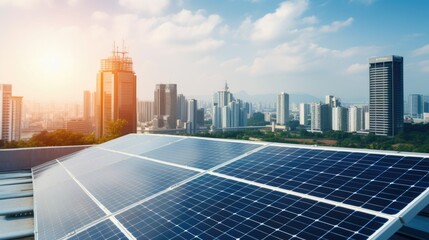 Solar panels on a rooftop with city skyline in the background