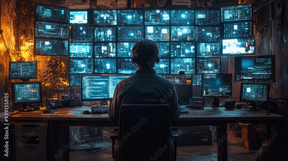 Poster ai-powered cybersecurity system monitoring network traffic, detecting threats, and protecting data