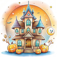 Spooky Halloween Haunted House with Pumpkins and Bats, Cartoon Art with Copy Space