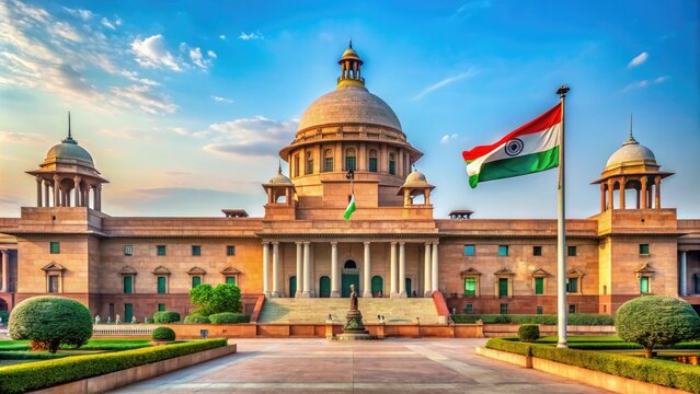 Majestic architecture of India's highest judicial institution in New Delhi, with Indian flag and sculptures, symbolizing fairness, justice, and democracy in the country.