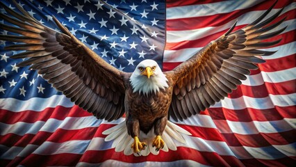 Majestic bald eagle spreads its wings, set against a patriotic American flag background with stars and stripes, symbolizing freedom and strength in a stylized illustration.