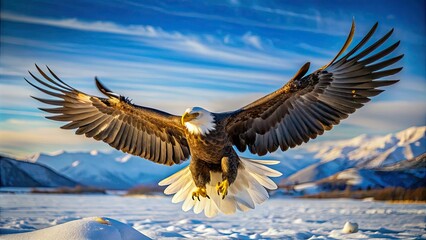 Obraz premium Majestic bald eagle spreads wide wings, soaring effortlessly through clear blue sky, its snowy-white head and tail feathers glistening in the warm sunlight.