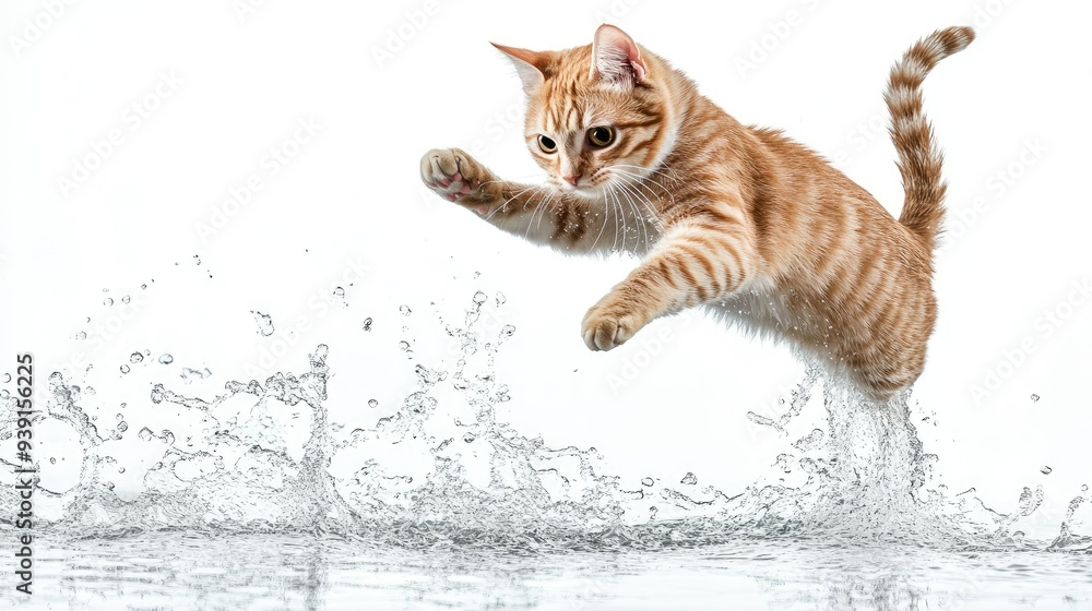 Poster high-resolution image of a happy cat jumping from the water, isolated on a pure white background for