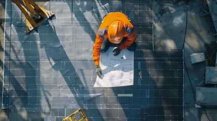 Top view of architectural engineer working on solar panel and his blueprints with Solar photovoltaic equipment on construction site meeting Road traffic an important infrastructure : Generative AI