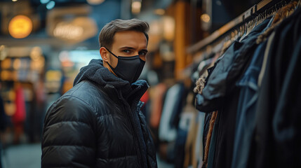 Fototapeta premium Man with Face Mask Selecting Clothes at Store