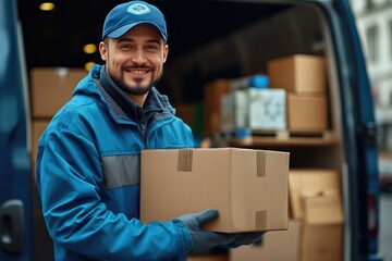 Friendly Delivery Man With Packed Van Ready for Service