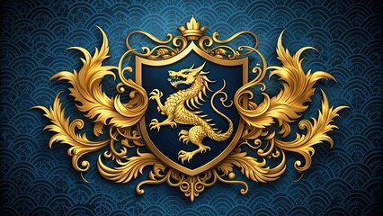 Majestic gold dragon crest emblazoned on a velvet banner, surrounded by intricate scrollwork and regal flourishes, set against a rich, dark blue background.