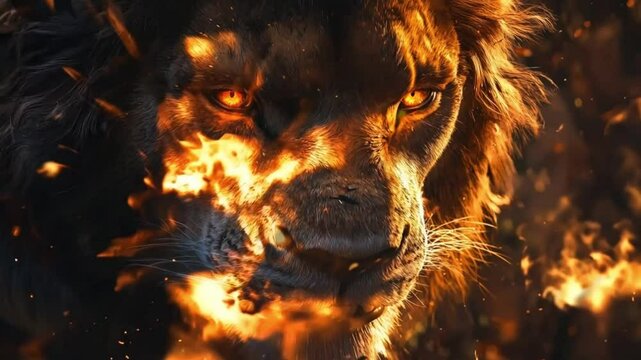 Fiery Lion: An intense close-up of a lion's face with fierce eyes, surrounded by dynamic fire effects that amplify the power and strength of the majestic creature.