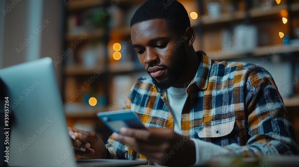 Poster african american man in casual shirt paying with credit card online while making orders via the inte