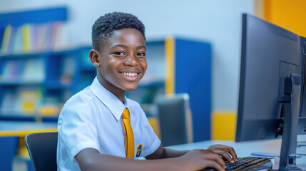 Happy African schoolboy in uniform engaged with a computer at his desk, with a vivid blue and yellow color scheme, shown in a high-resolution portrait with natural lighting.