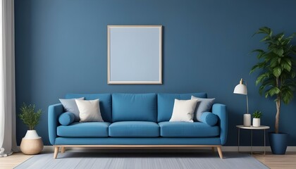 Interior mockup In a white room a blue sofa is placed next to a photo frame on the wall