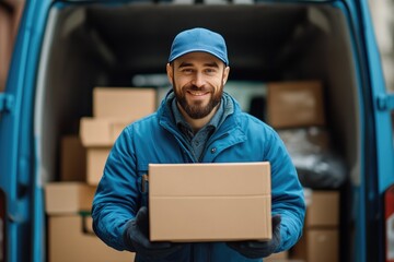 Professional Courier Holding Box in Front of Delivery Van