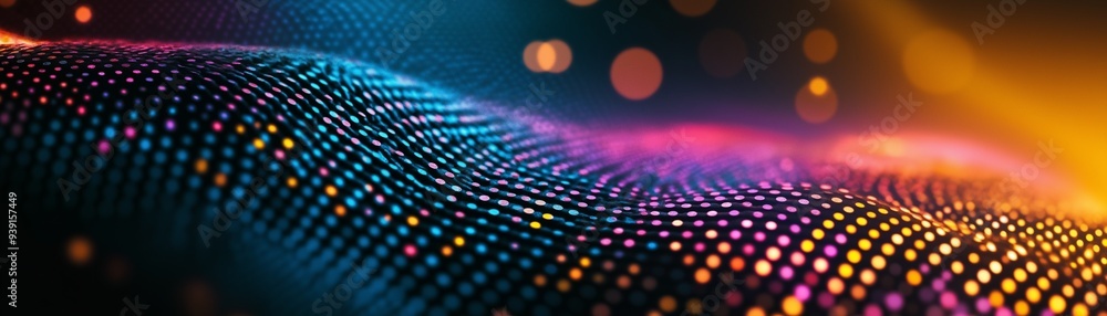 Poster a vibrant abstract wave of light made up of countless tiny dots.
