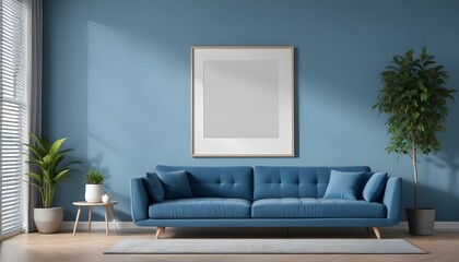 Interior mockup In a white room a blue sofa is placed next to a photo frame on the wall