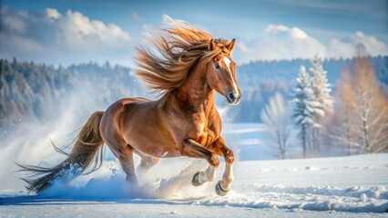 Majestic horse gallops through a snowy landscape, mane flowing in the wind, as it exercises and plays in the crisp winter air.