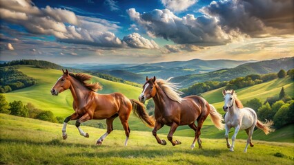 Majestic horses gallop freely in a picturesque countryside scene with rolling hills, lush green pastures, and a serene blue sky with fluffy white clouds.