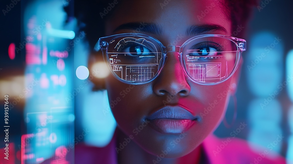 Leinwandbilder selfconfident black scientist in glasses and pink shirt using futuristic touchscreen display drawing