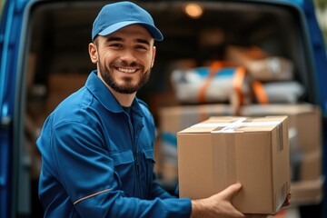 Cheerful Courier Ready to Deliver Packages from Open Van