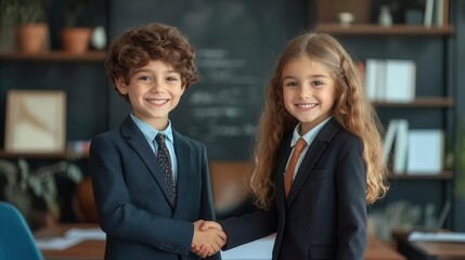 Two smiling children in business suits shake hands in a professional setting.