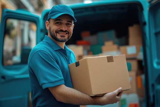 Delivery Man in Blue Uniform With Cardboard Box and Van