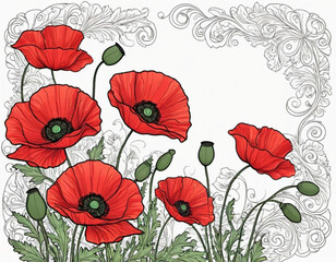 Red poppies, green leaves, stems. Poppies are depicted in various stages of bloom, with some fully open and others in bud. Soft back, creating delicate romantic feel. Copy space. Postcard or layout.