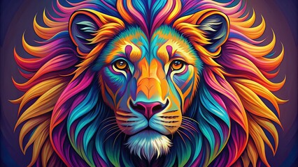 Majestic lion's head depicted in bold, vibrant graphic style, with stylized mane and piercing eyes, symbolizing courage and strength on a contrasting background.
