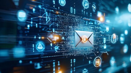 An abstract image of a secure email with a token being processed, surrounded by floating data symbols and cybersecurity icons
