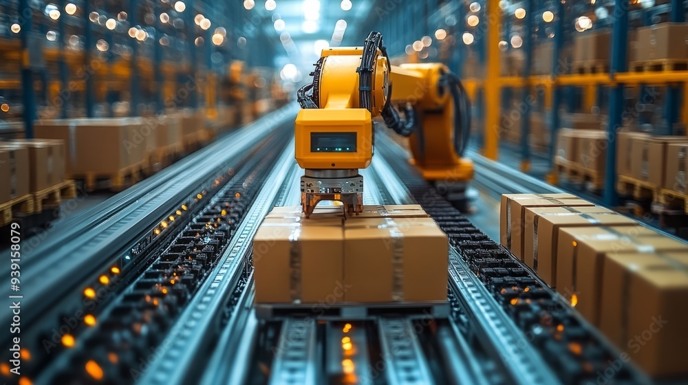 Poster automated warehouse with robots managing inventory, sorting packages, and optimizing logistics
