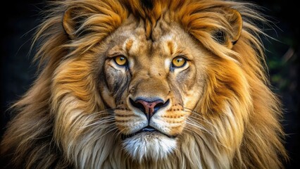 Fototapeta premium Majestic lion's piercing golden eye gazes intensely, surrounded by a shaggy mane, whiskers, and a subtle nostril fold, exuding regal strength and fierce wildness.