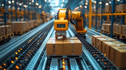Fototapeta premium Automated warehouse with robots managing inventory, sorting packages, and optimizing logistics