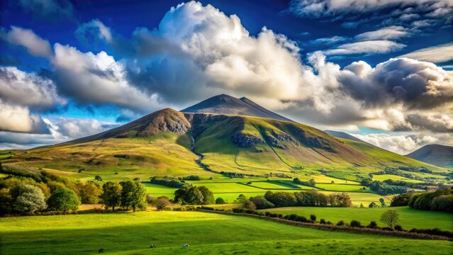 Majestic Mount Brandon, Ireland's second-highest peak, stands tall amidst a serene landscape of rolling hills, verdant pastures, and wispy white clouds on a calm day.