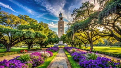 Majestic oaks surround the historic LSU campus, showcasing the iconic Memorial Tower and vibrant flowers amidst a serene and bustling academic atmosphere in Baton Rouge.