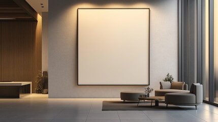 A modern minimalist living room features a blank canvas on the wall.