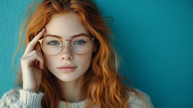 Photo of attractive ginger pupil with long wavy hair tries to memorize something keeps fore finger on temple reminds information for exam wears spectacles and jumper stands over blue w : Generative AI